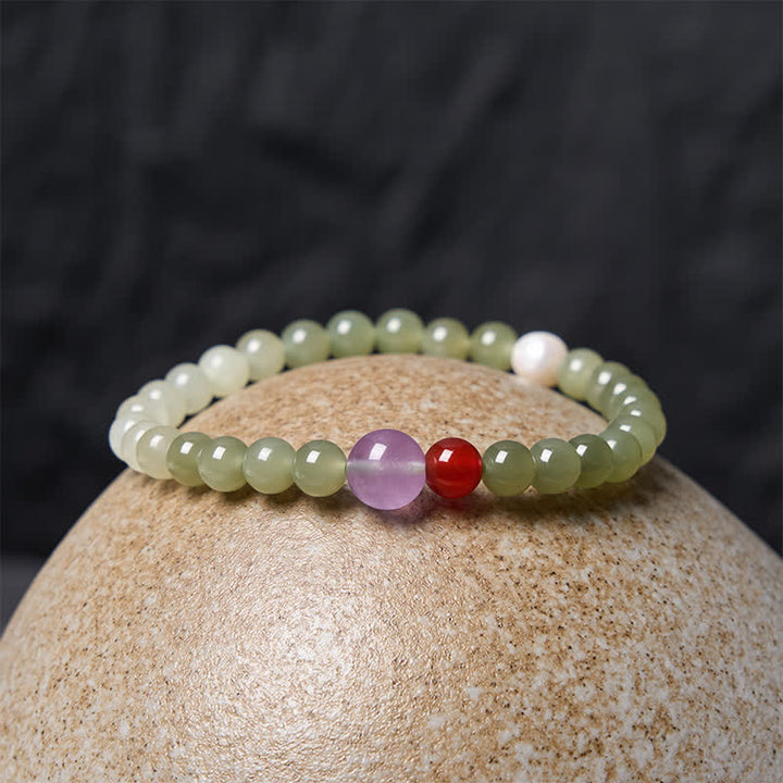 Buddha Stones Bracelet porte-bonheur en jade Hetian naturel à perles rondes dégradées - image 2