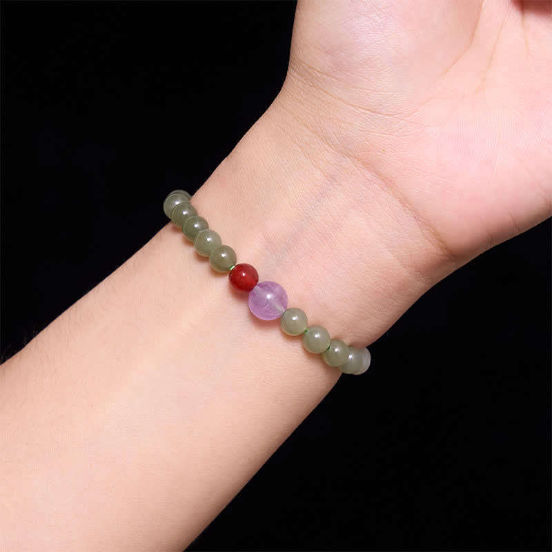 Buddha Stones Bracelet porte-bonheur en jade Hetian naturel à perles rondes dégradées - image 4