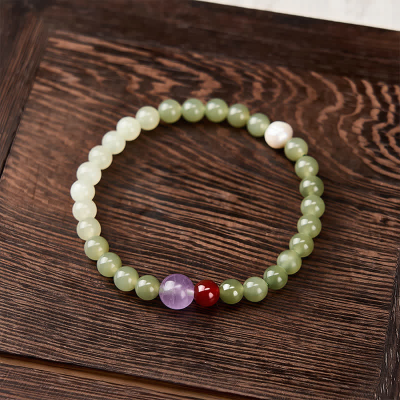 Buddha Stones Bracelet porte-bonheur en jade Hetian naturel à perles rondes dégradées - image 1