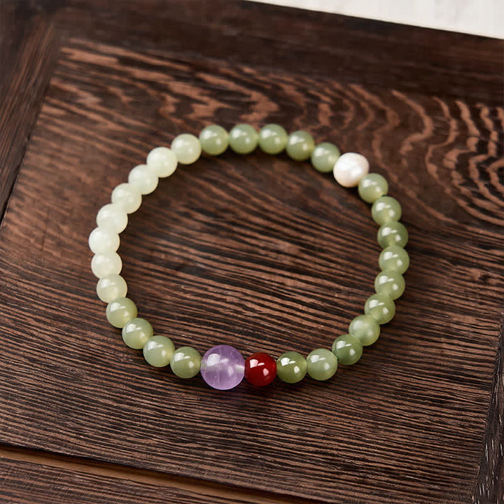 Buddha Stones Bracelet porte-bonheur en jade Hetian naturel à perles rondes dégradées - image 1