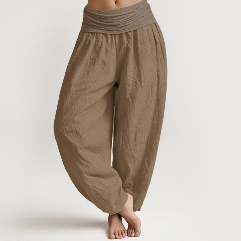 Pantalon sarouel taille élastique en pur coton uni beige Buddha Stones pour femme - Tanné - US16，UK/AU20，EU48 (3XL) - image 0