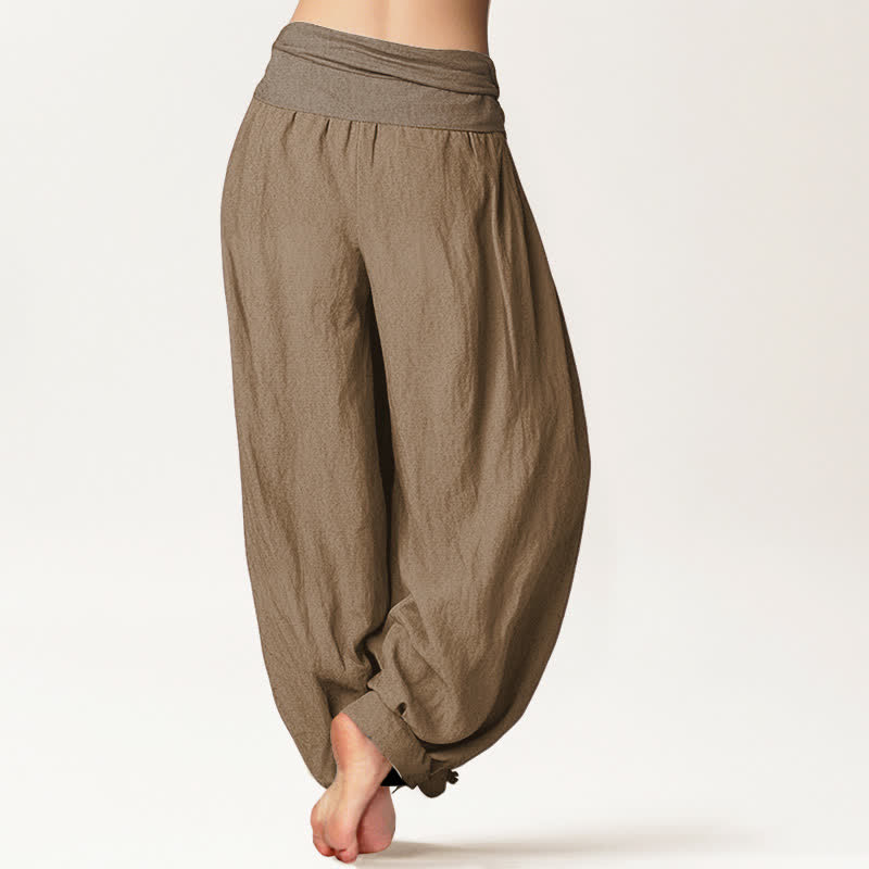 Pantalon sarouel taille élastique en pur coton uni beige Buddha Stones pour femme - image 1