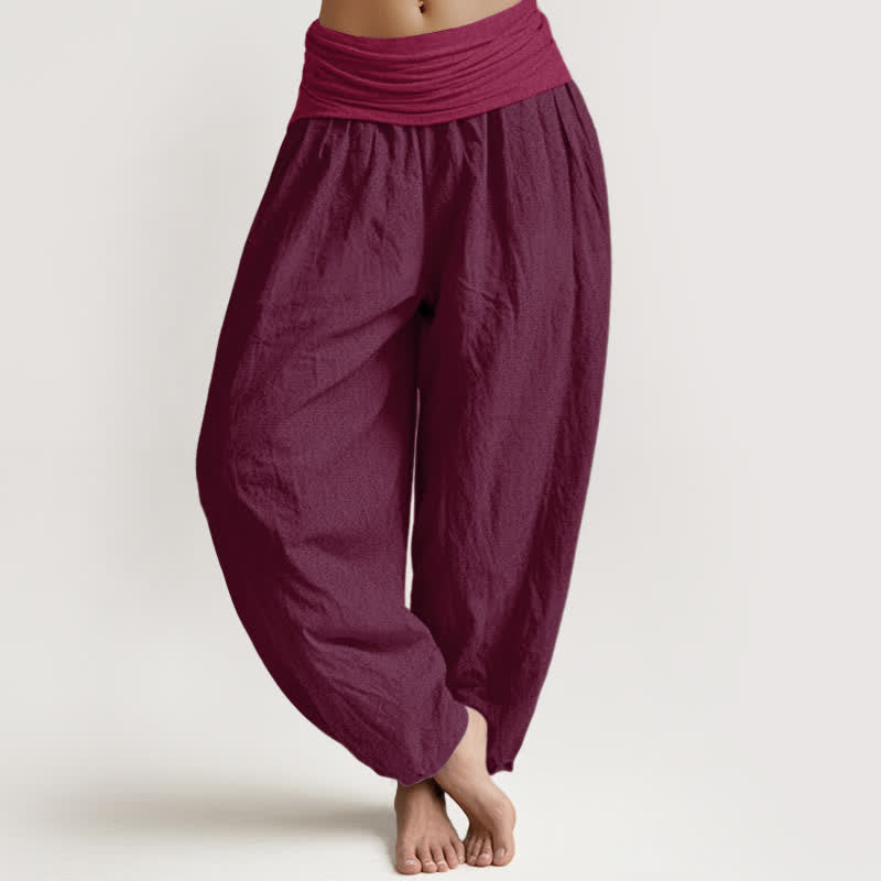 Pantalon sarouel taille élastique en pur coton uni marron Buddha Stones pour femme - Bordeaux - US16，UK/AU20，EU48 (3XL) - image 0