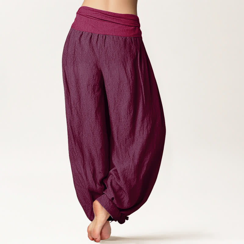 Pantalon sarouel taille élastique en pur coton uni marron Buddha Stones pour femme - image 1