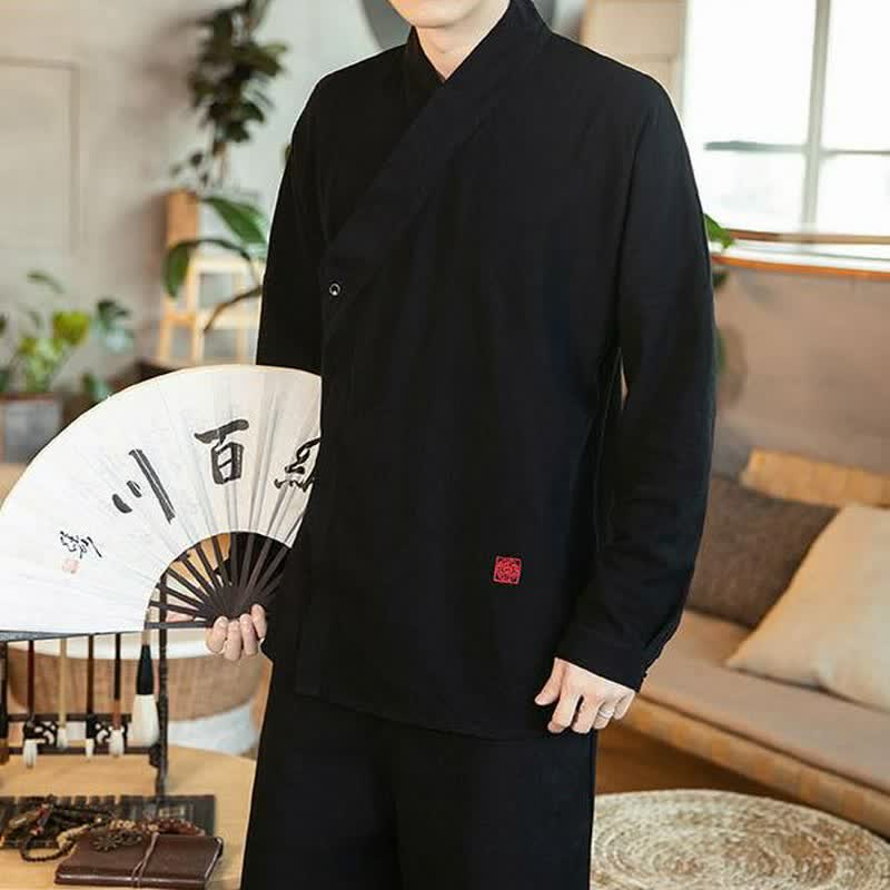 Buddha Stones Chemises à manches longues pour hommes, style Tang minimaliste automne, col mandarin uni - Noir - US/UK/AU48, EU58 (5XL) - image 0