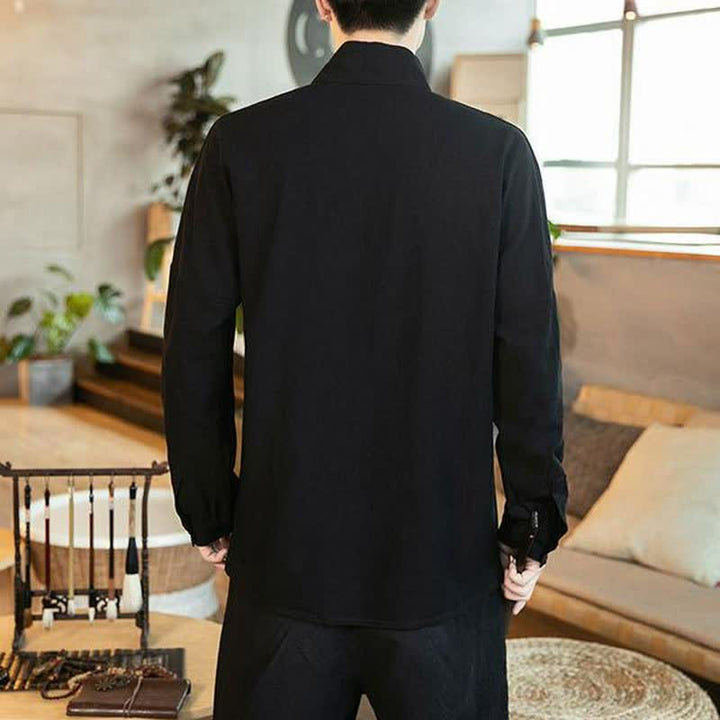 Buddha Stones Chemises à manches longues pour hommes, style Tang minimaliste automne, col mandarin uni - image 3