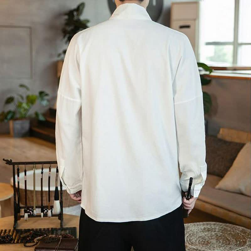Buddha Stones Chemises à manches longues pour hommes, style Tang minimaliste automne, col mandarin uni - image 11