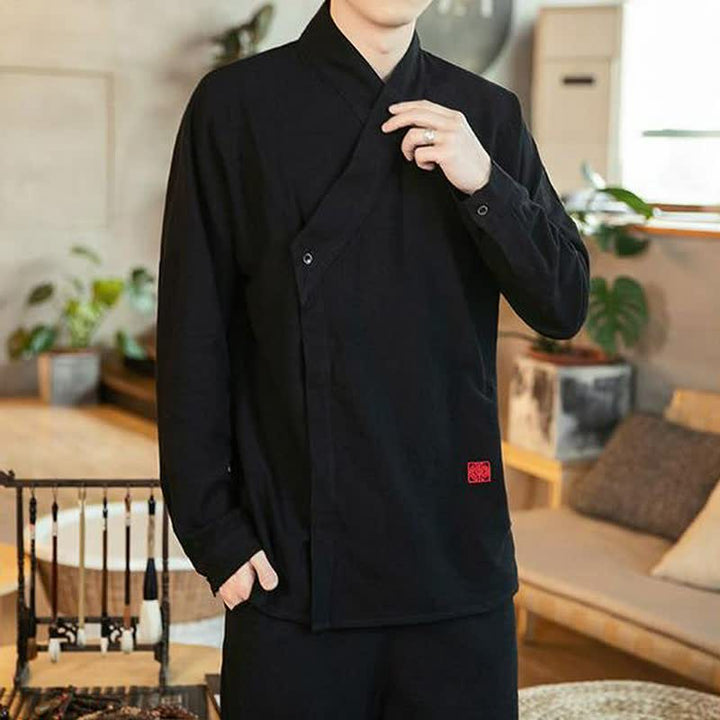 Buddha Stones Chemises à manches longues pour hommes, style Tang minimaliste automne, col mandarin uni - image 2
