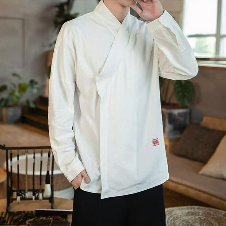Buddha Stones Chemises à manches longues pour hommes, style Tang minimaliste automne, col mandarin uni - image 12