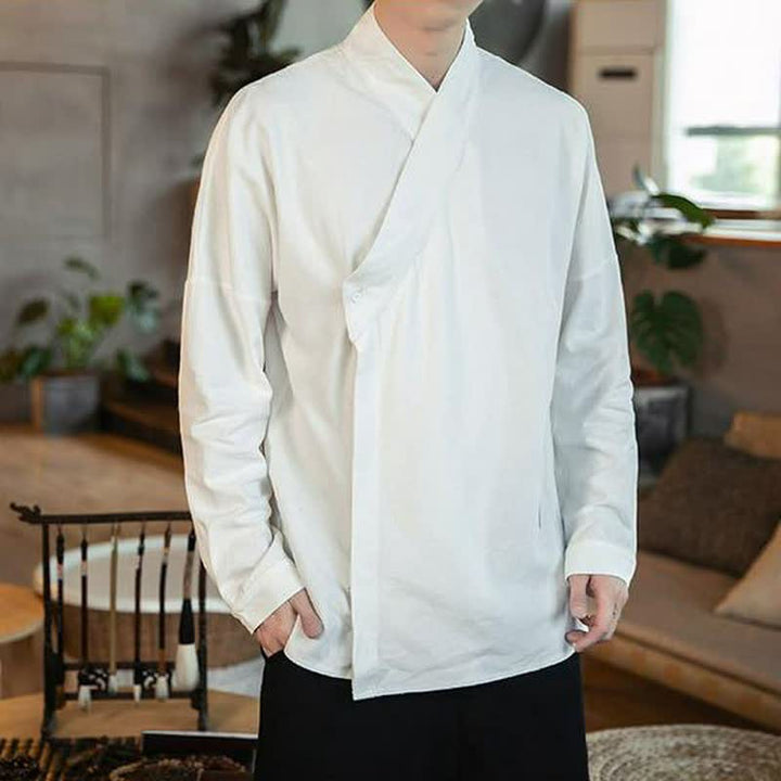 Buddha Stones Chemises à manches longues pour hommes, style Tang minimaliste automne, col mandarin uni - image 8