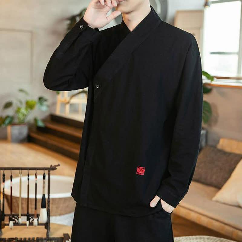 Buddha Stones Chemises à manches longues pour hommes, style Tang minimaliste automne, col mandarin uni - image 4