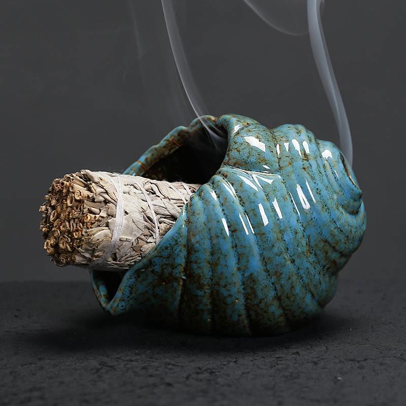 Buddha Stones Brûleurs d'encens en coquillage de conque de purification Shankha en céramique - Bleu - image 0