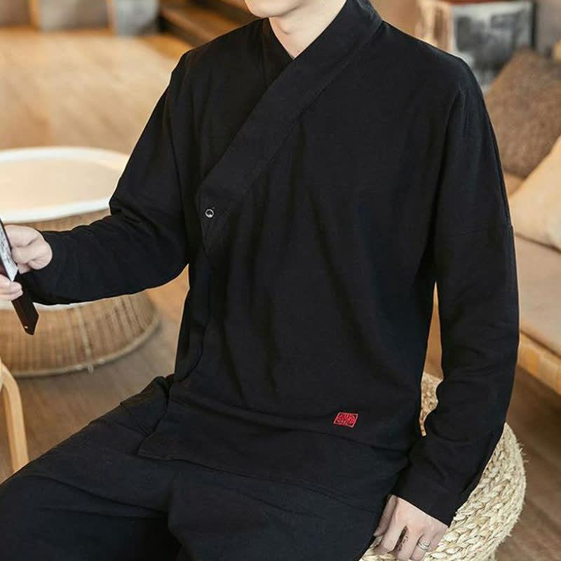 Buddha Stones Chemises à manches longues pour hommes, style Tang minimaliste automne, col mandarin uni - image 6