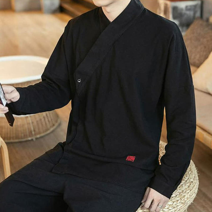 Buddha Stones Chemises à manches longues pour hommes, style Tang minimaliste automne, col mandarin uni - image 6