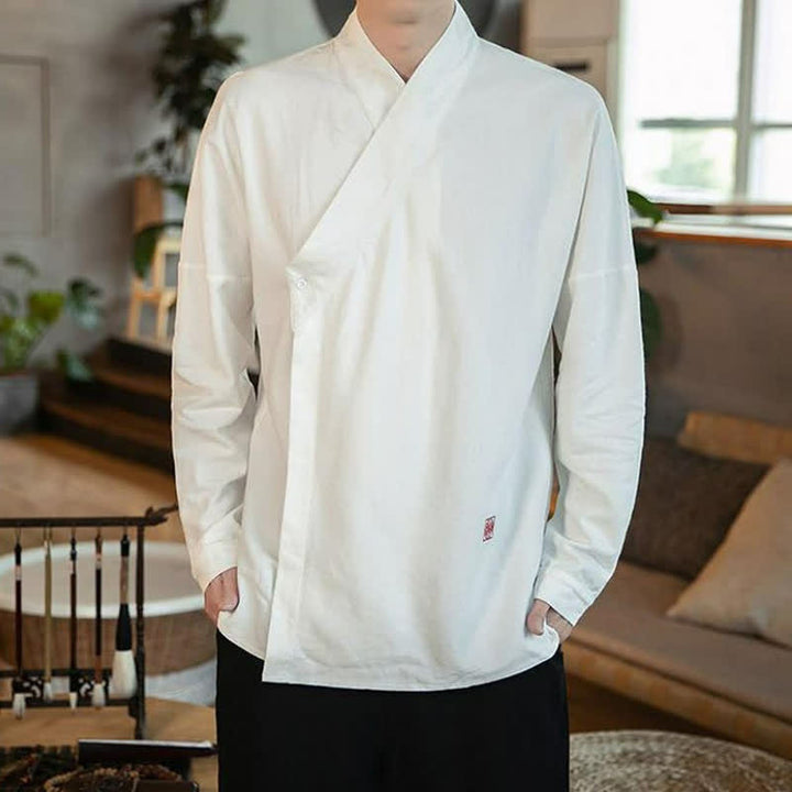 Buddha Stones Chemises à manches longues pour hommes, style Tang minimaliste automne, col mandarin uni - image 13
