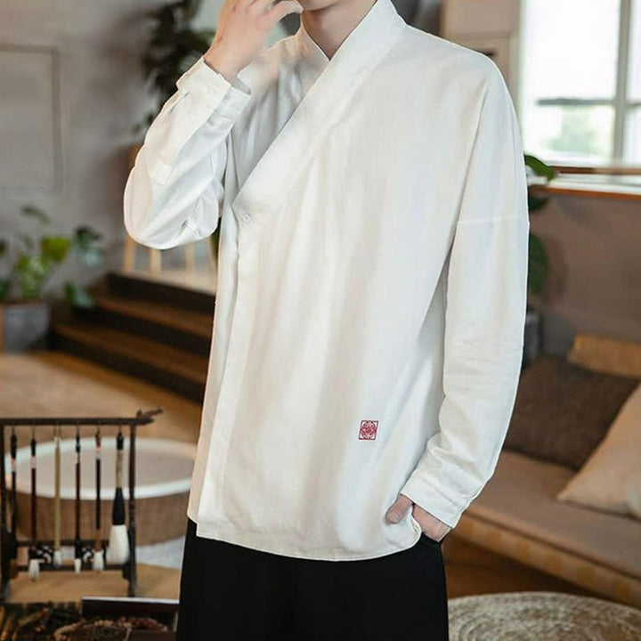 Buddha Stones Chemises à manches longues pour hommes, style Tang minimaliste automne, col mandarin uni - image 9