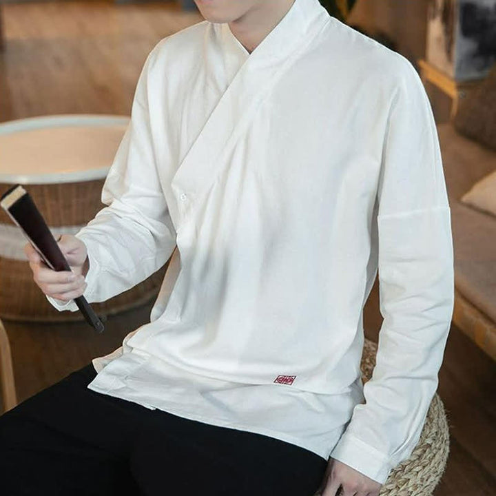 Buddha Stones Chemises à manches longues pour hommes, style Tang minimaliste automne, col mandarin uni - image 14
