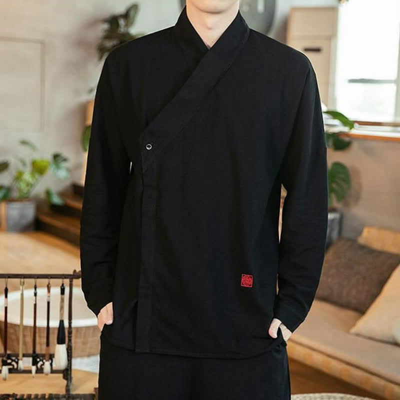 Buddha Stones Chemises à manches longues pour hommes, style Tang minimaliste automne, col mandarin uni - image 1