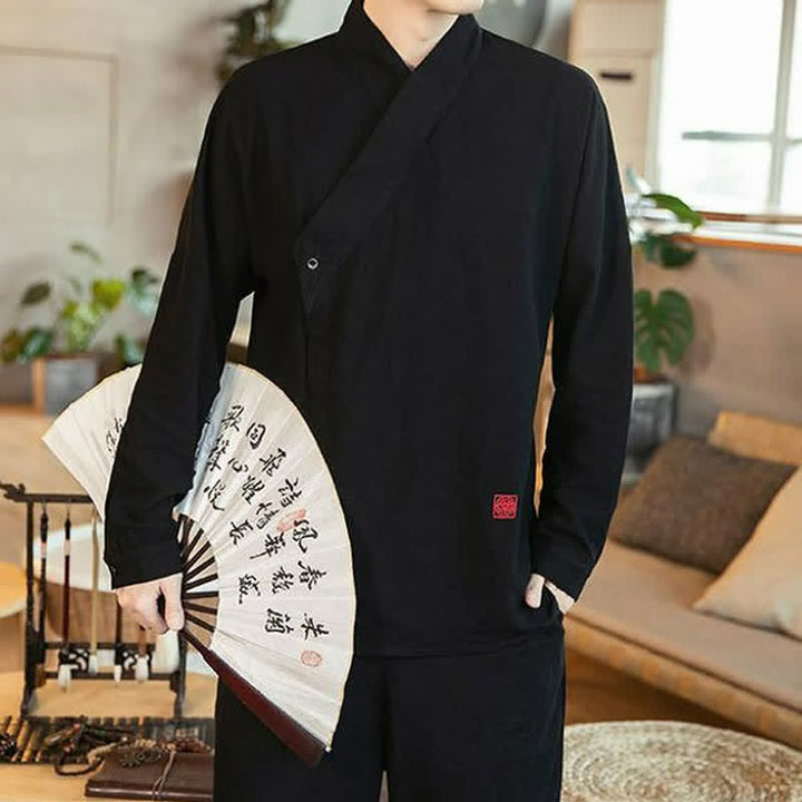 Buddha Stones Chemises à manches longues pour hommes, style Tang minimaliste automne, col mandarin uni - image 5