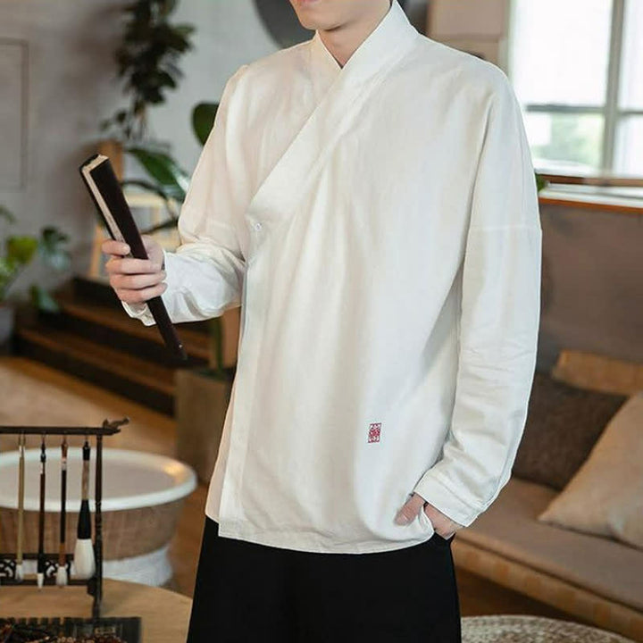 Buddha Stones Chemises à manches longues pour hommes, style Tang minimaliste automne, col mandarin uni - image 10