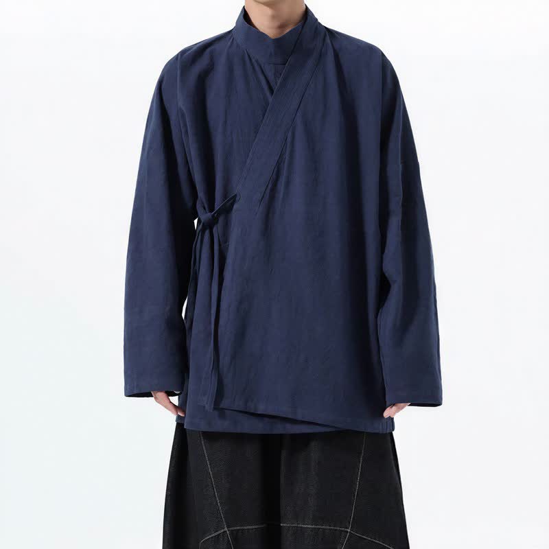 Buddha Stones Kimono homme décontracté automne-hiver style Tang, col mandarin, coton uni, manches longues - Bleu nuit - US/UK/AU46，EU56 (5XL) - image 0