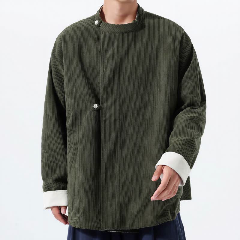 Buddha Stones Veste homme réversible en velours côtelé uni, style Tang, col mandarin, coupe décontractée automne-hiver, avec poches - Vert olive foncé - US/UK/AU46，EU56 (5XL) - image 0