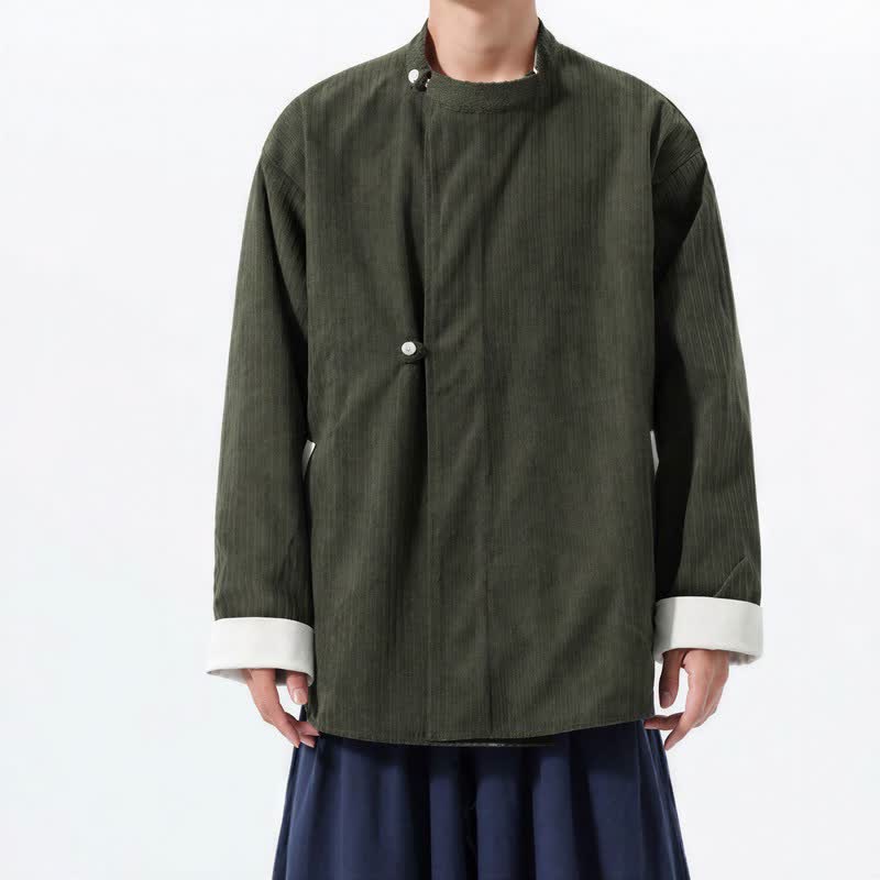 Buddha Stones Veste homme réversible en velours côtelé uni, style Tang, col mandarin, coupe décontractée automne-hiver, avec poches - image 1
