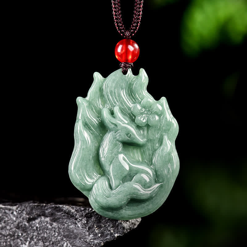 Buddha Stones Collier pendentif en jade sculpté en relief représentant un renard à neuf queues porte-bonheur - Renard à neuf queues (Amour ♥ Chance) - image 0