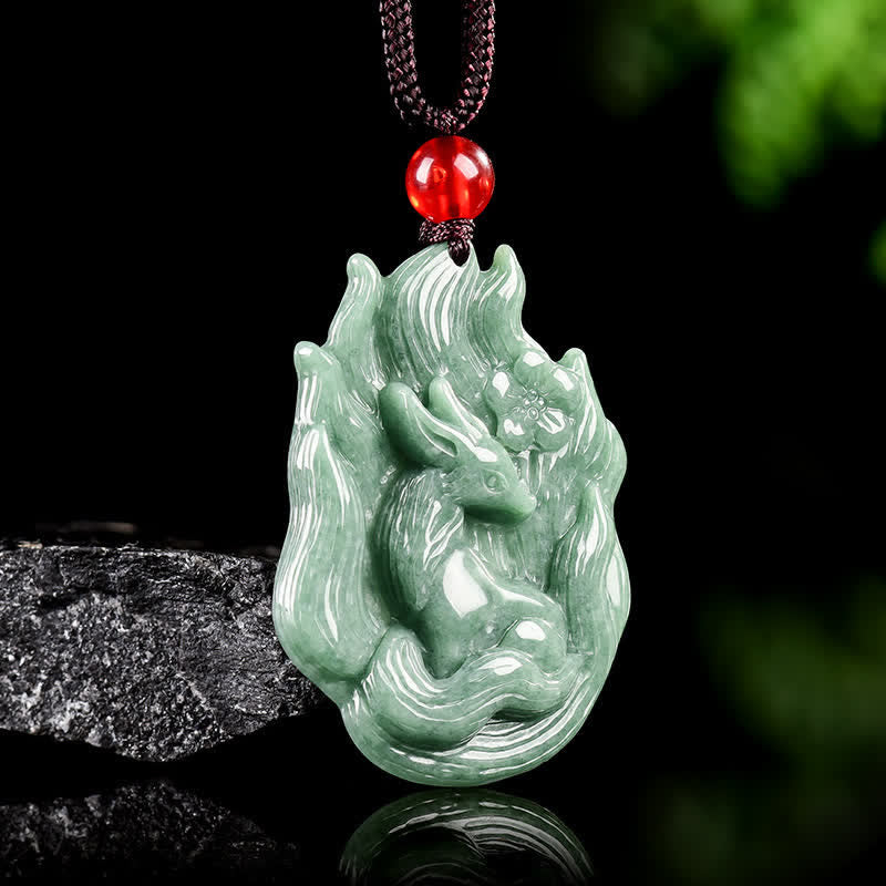 Buddha Stones Collier pendentif en jade sculpté en relief représentant un renard à neuf queues porte-bonheur - image 1