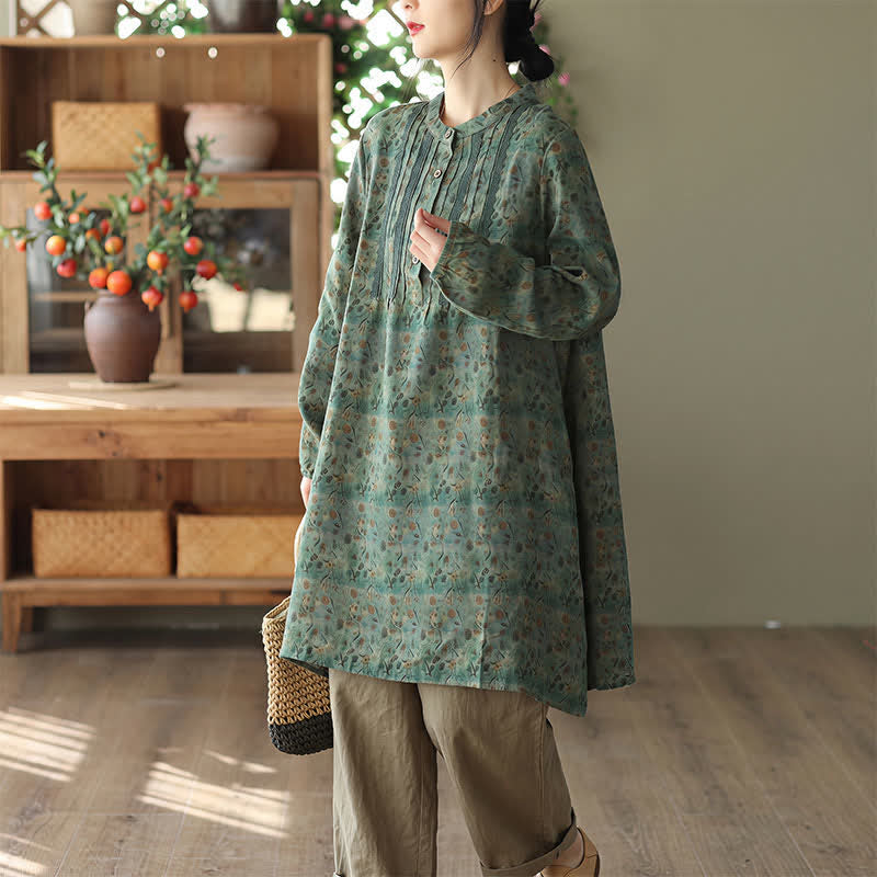 Buddha Stones Robe longue à manches longues boutonnée, rayée et fleurie, style bohème rétro printemps-automne, avec poches - image 6