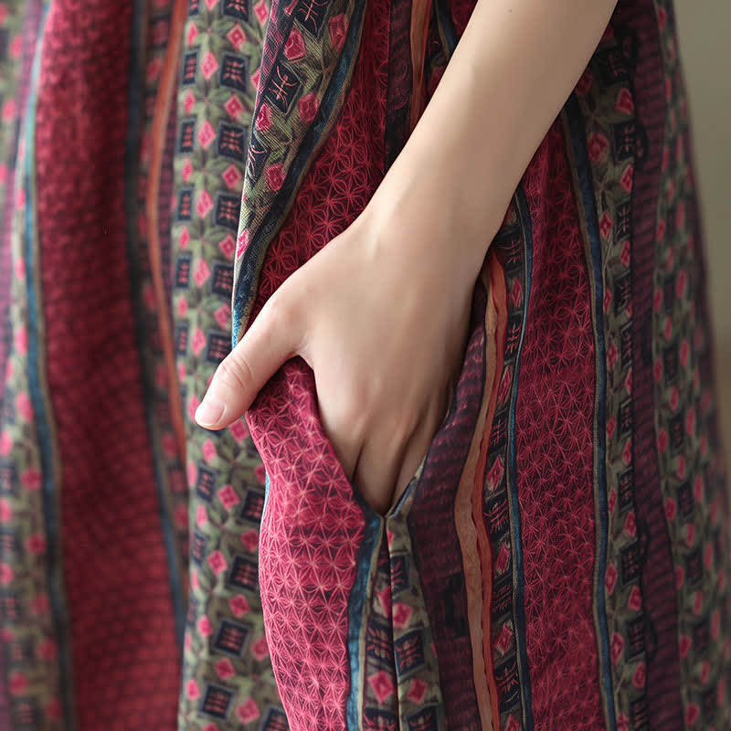 Buddha Stones Robe longue à manches longues boutonnée, rayée et fleurie, style bohème rétro printemps-automne, avec poches - image 23