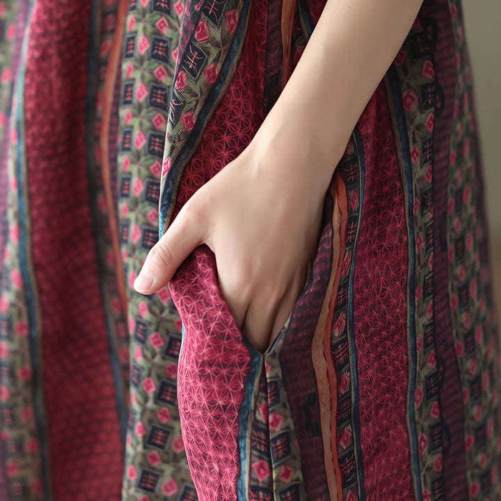 Buddha Stones Robe longue à manches longues boutonnée, rayée et fleurie, style bohème rétro printemps-automne, avec poches - image 23
