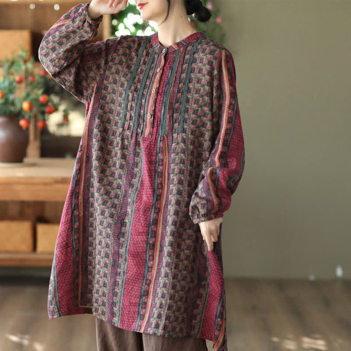Buddha Stones Robe longue à manches longues boutonnée, rayée et fleurie, style bohème rétro printemps-automne, avec poches - Rouge violet pâle - US14，UK/AU18，EU46 (2XL) - image 19