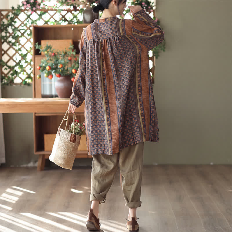 Buddha Stones Robe longue à manches longues boutonnée, rayée et fleurie, style bohème rétro printemps-automne, avec poches - image 3