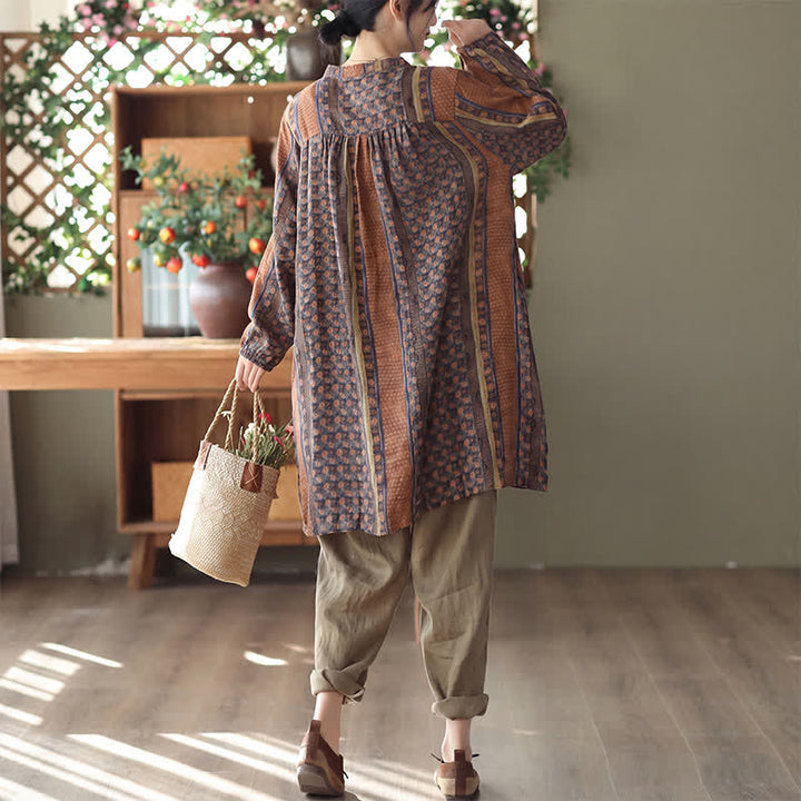 Buddha Stones Robe longue à manches longues boutonnée, rayée et fleurie, style bohème rétro printemps-automne, avec poches - image 3