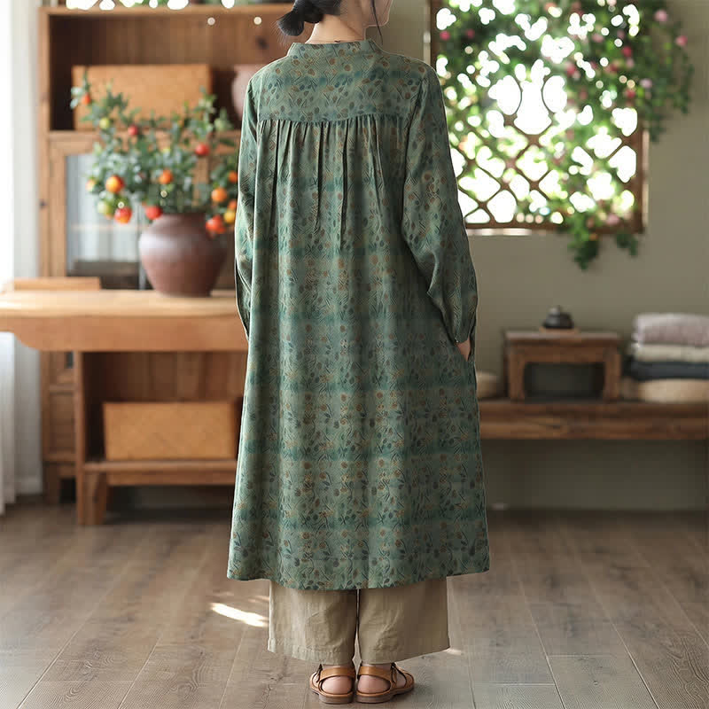 Buddha Stones Robe longue à manches longues boutonnée, rayée et fleurie, style bohème rétro printemps-automne, avec poches - image 7
