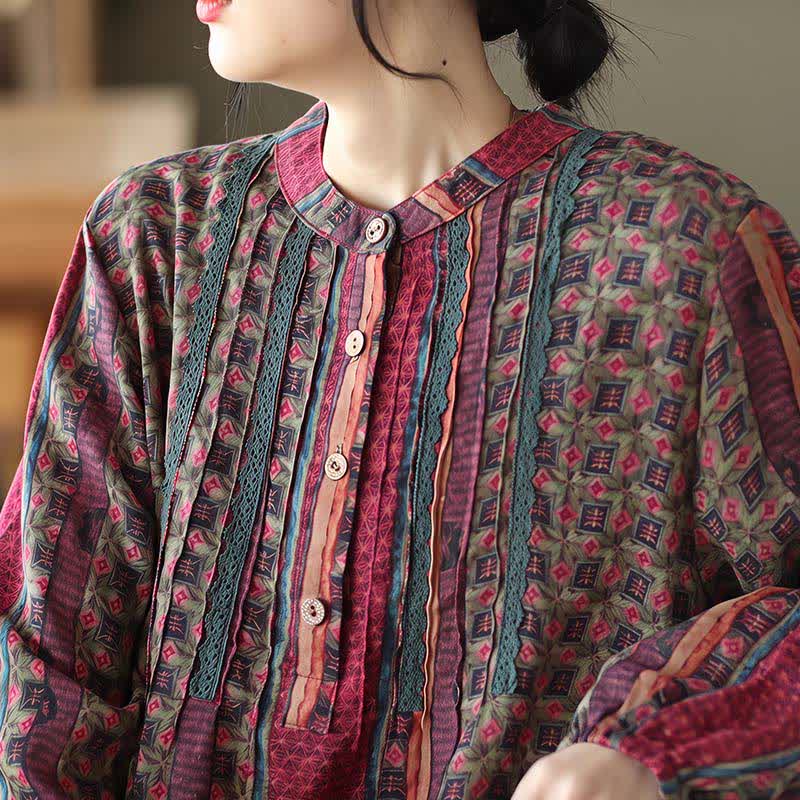 Buddha Stones Robe longue à manches longues boutonnée, rayée et fleurie, style bohème rétro printemps-automne, avec poches - image 22