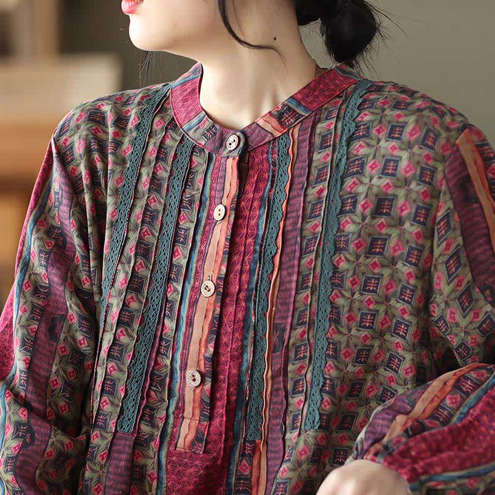 Buddha Stones Robe longue à manches longues boutonnée, rayée et fleurie, style bohème rétro printemps-automne, avec poches - image 22