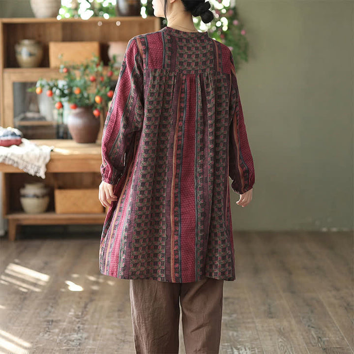 Buddha Stones Robe longue à manches longues boutonnée, rayée et fleurie, style bohème rétro printemps-automne, avec poches - image 20