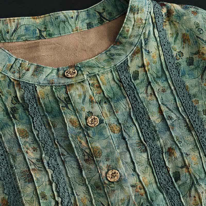 Buddha Stones Robe longue à manches longues boutonnée, rayée et fleurie, style bohème rétro printemps-automne, avec poches - image 11