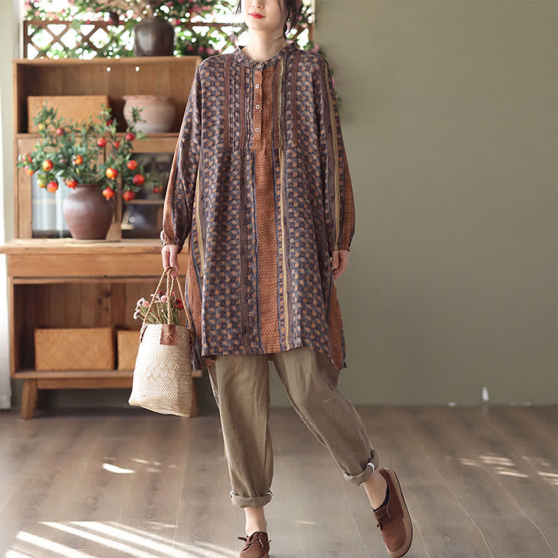 Buddha Stones Robe longue à manches longues boutonnée, rayée et fleurie, style bohème rétro printemps-automne, avec poches - image 1