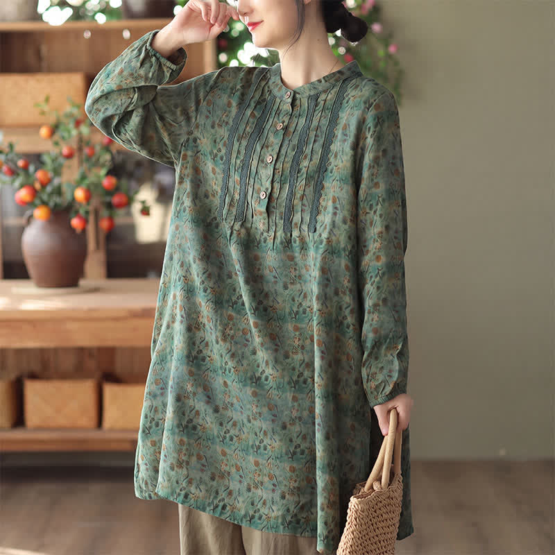 Buddha Stones Robe longue à manches longues boutonnée, rayée et fleurie, style bohème rétro printemps-automne, avec poches - image 5