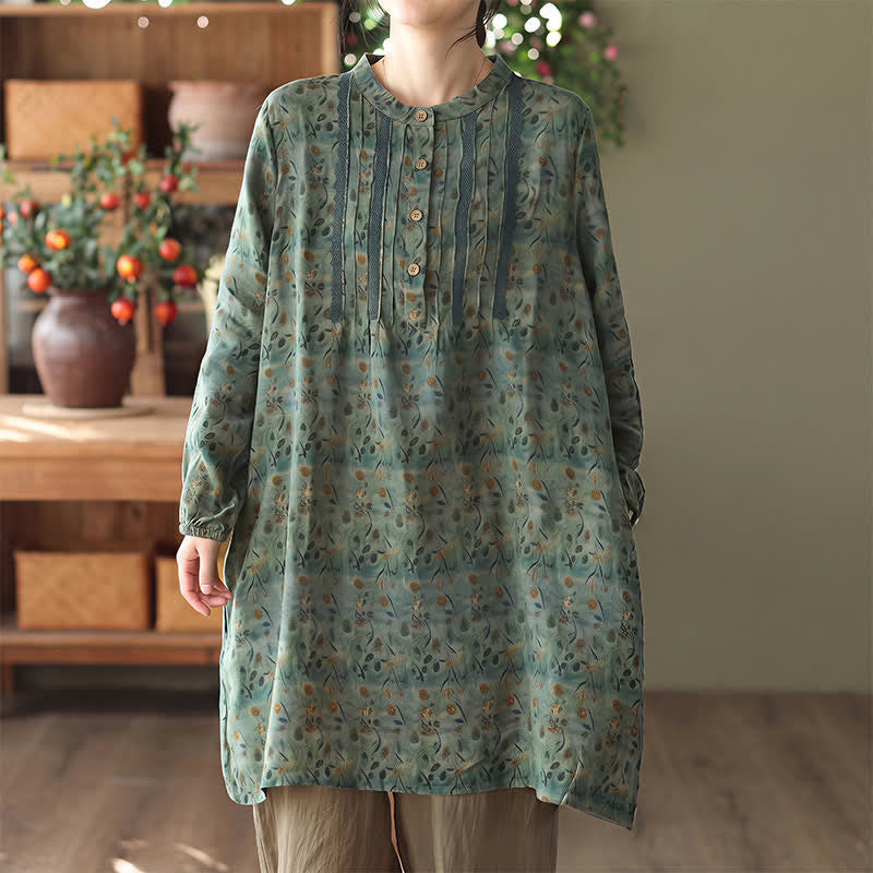 Buddha Stones Robe longue à manches longues boutonnée, rayée et fleurie, style bohème rétro printemps-automne, avec poches - Vert d'eau - US14，UK/AU18，EU46 (2XL) - image 4