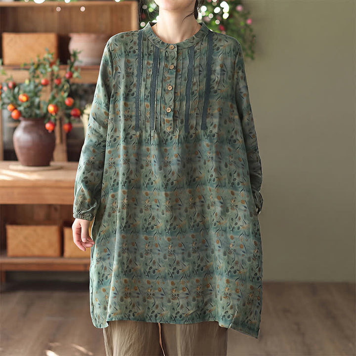Buddha Stones Robe longue à manches longues boutonnée, rayée et fleurie, style bohème rétro printemps-automne, avec poches - Vert d'eau - US14，UK/AU18，EU46 (2XL) - image 4