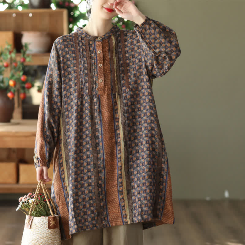 Buddha Stones Robe longue à manches longues boutonnée, rayée et fleurie, style bohème rétro printemps-automne, avec poches - DarkGoldenrod - US14，UK/AU18，EU46 (2XL) - image 0