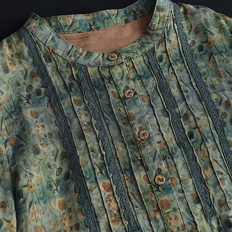 Buddha Stones Robe longue à manches longues boutonnée, rayée et fleurie, style bohème rétro printemps-automne, avec poches - image 9
