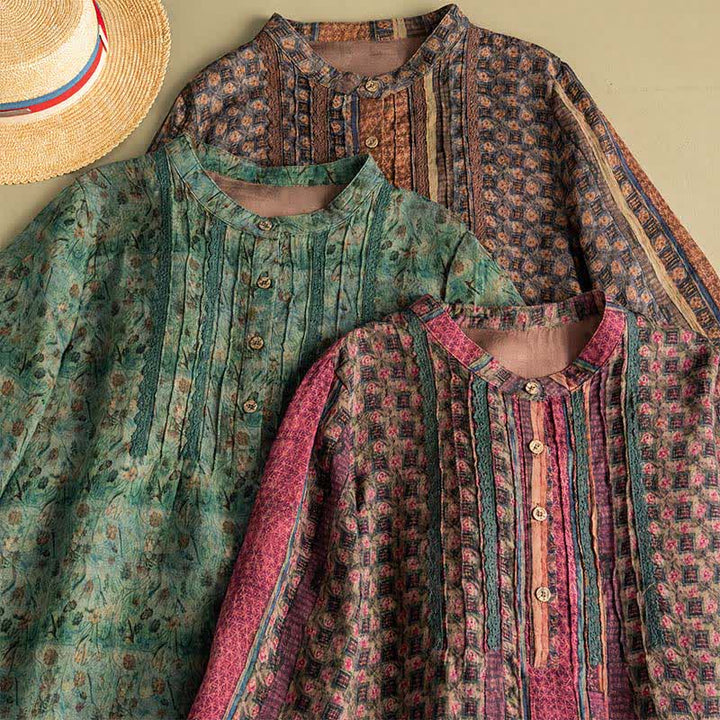 Buddha Stones Robe longue à manches longues boutonnée, rayée et fleurie, style bohème rétro printemps-automne, avec poches - image 24