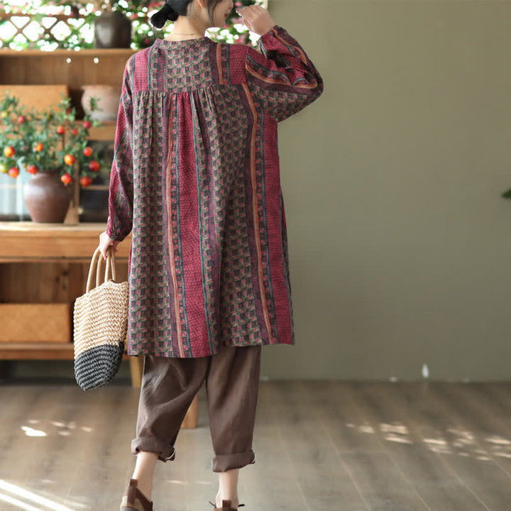 Buddha Stones Robe longue à manches longues boutonnée, rayée et fleurie, style bohème rétro printemps-automne, avec poches - image 21
