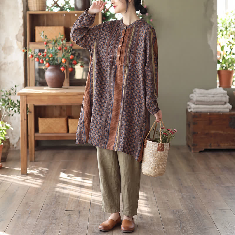Buddha Stones Robe longue à manches longues boutonnée, rayée et fleurie, style bohème rétro printemps-automne, avec poches - image 2
