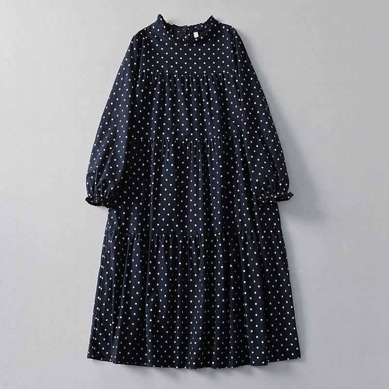 Buddha Stones Robe longue à pois à volants style vintage printanier, manches longues et poches pour femme - Marine - US14, UK/AU18, EU46 (2XL) - image 0
